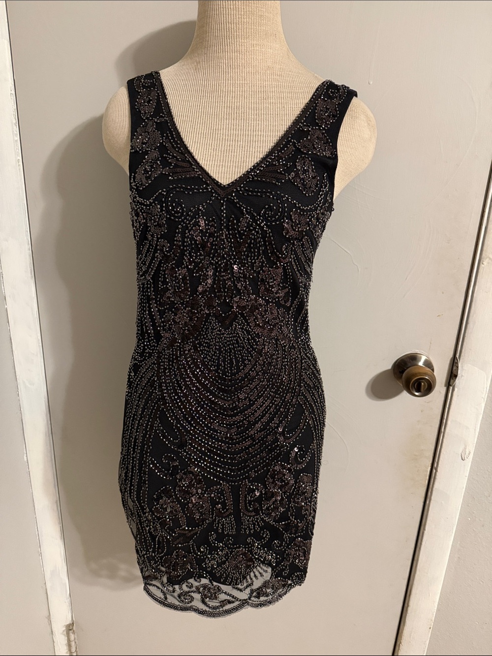 GB Black Beaded V-Neck Cocktail Dress